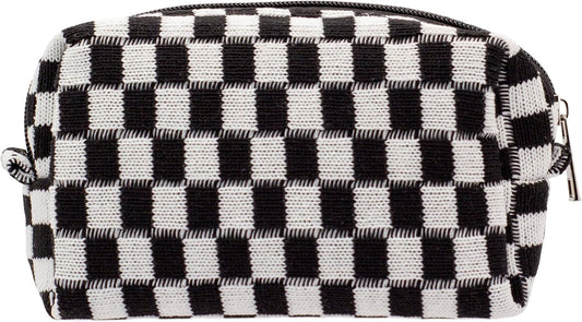 PAZIMIIK Checkered Makeup Bag for Purse Portable Zipper Make Up Pouch Small Cosmetic Case for Travel Accessories (Black)