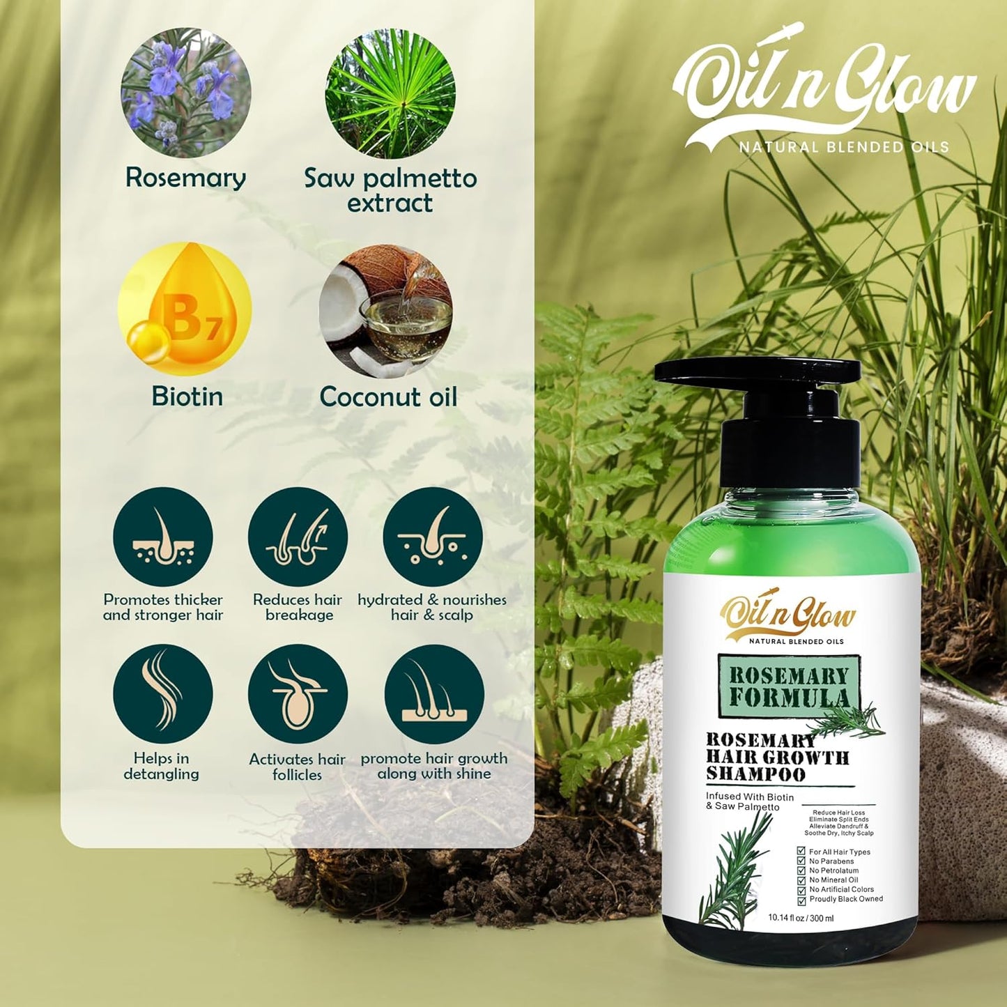 USDA Organic Rosemary Hair Growth Shampoo For Thickening, Regrowth & Strengthening for Men & Women with Biotin, Scalp DHT Blocker Saw Palmetto For Thinning Hair Loss 10 Fl. Oz- Fragrance Free