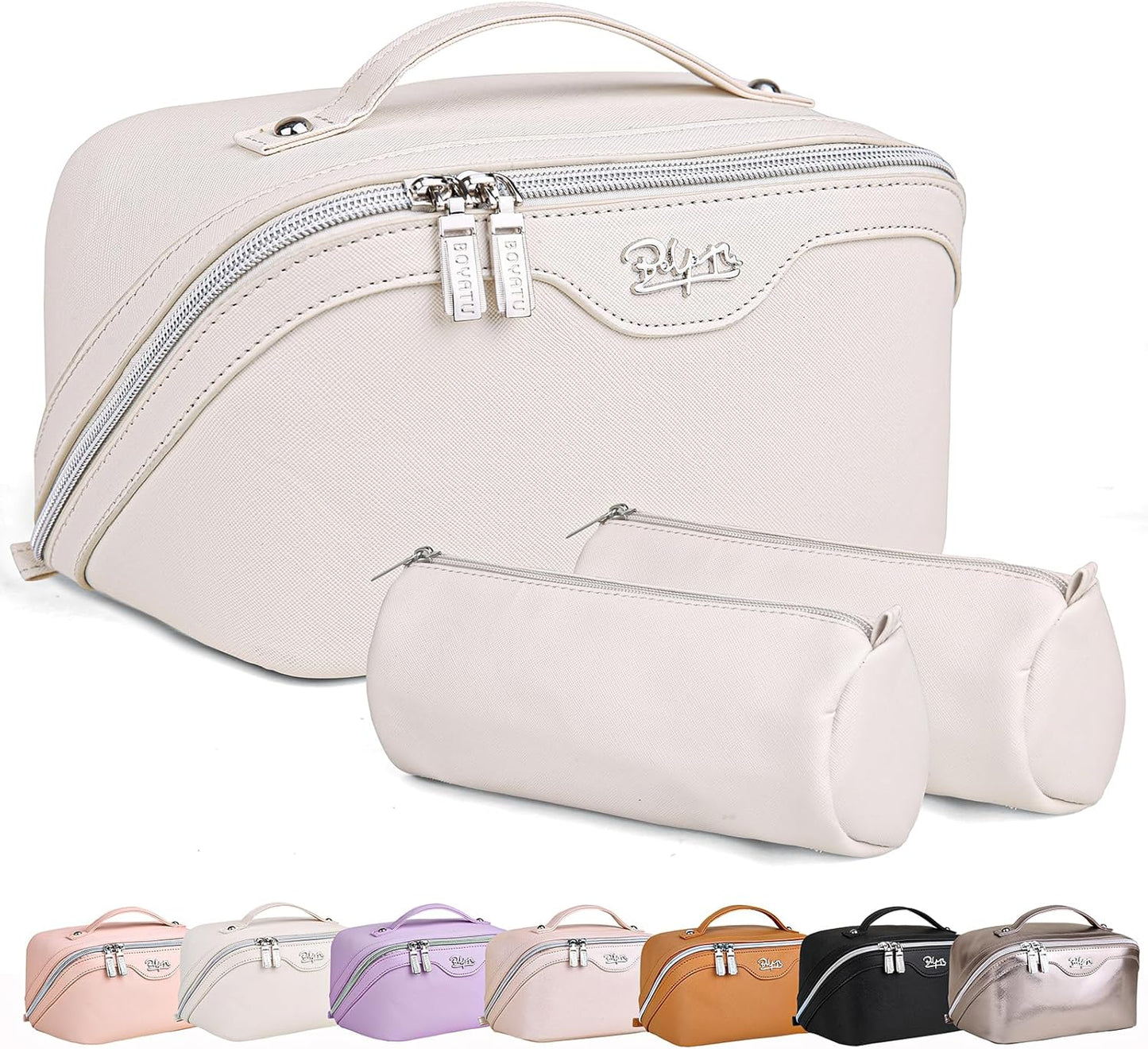 BOYATU Travel Makeup Bags for Women: Vegan Leather Cosmetic Bag Set of 3 - Large Capacity Make up Bag with Divider - Wide Open Waterproof Toiletry Organizer Bag with Handle (05-Off-White)