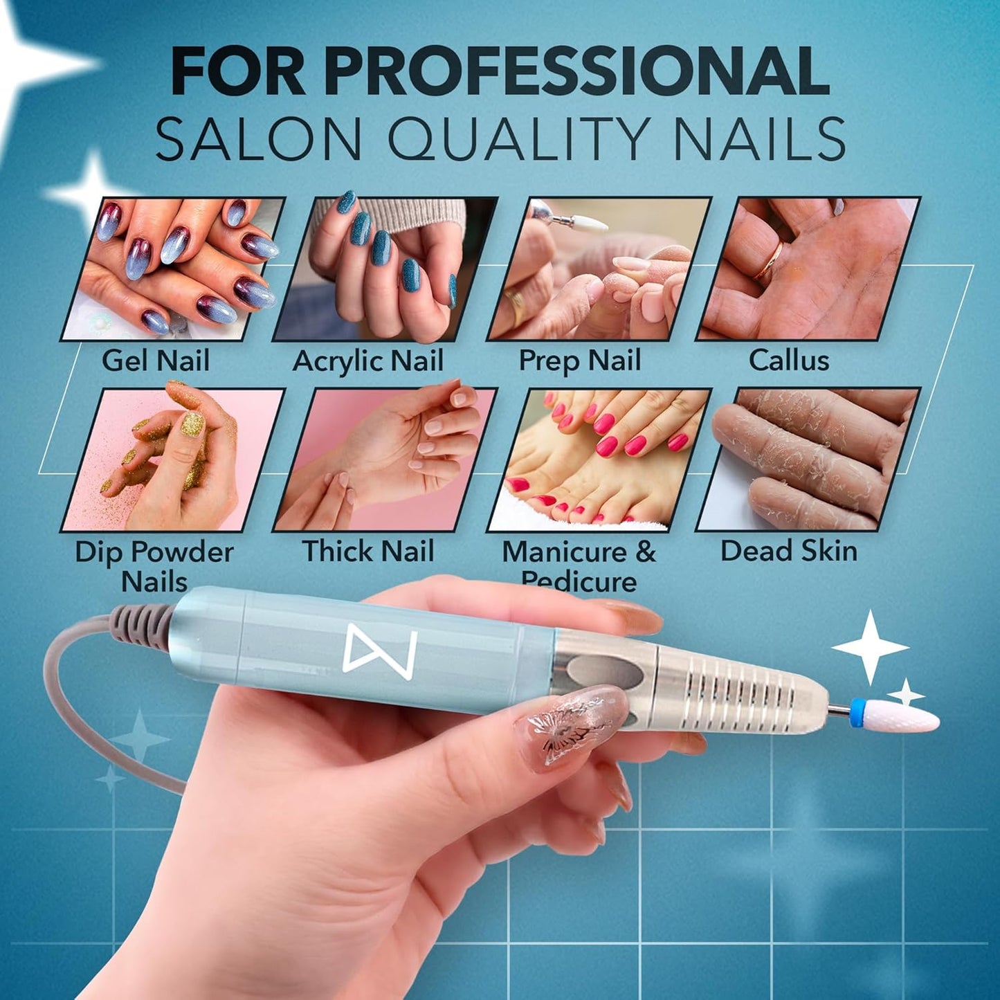 M Max - Professional Nail Drill Machine - 2-in-1 Brushless Motor Nail File - Electric, Cordless, Aluminium Alloy Casing, 35000 RPM, HD Display - Perfect for Salon & Home Use (Mermaid)