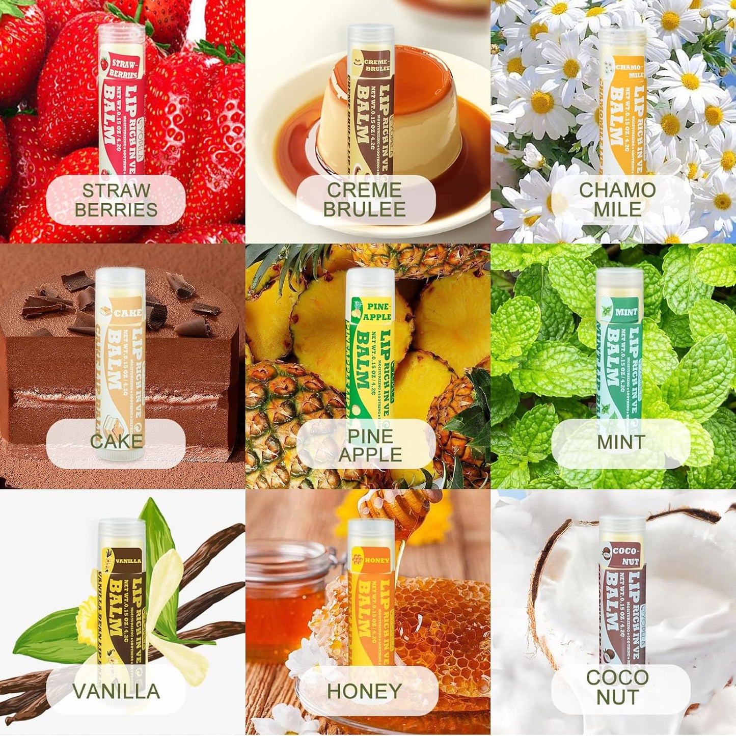 Yopela Lip Balm Variety Pack - 9 Delicious Flavors - Natural Lip Balm in Bulk with Vitamin E and Coconut Oil - Moisturizing, Soothing, and Repairing Dry and Chapped Lips Valentine's Gift