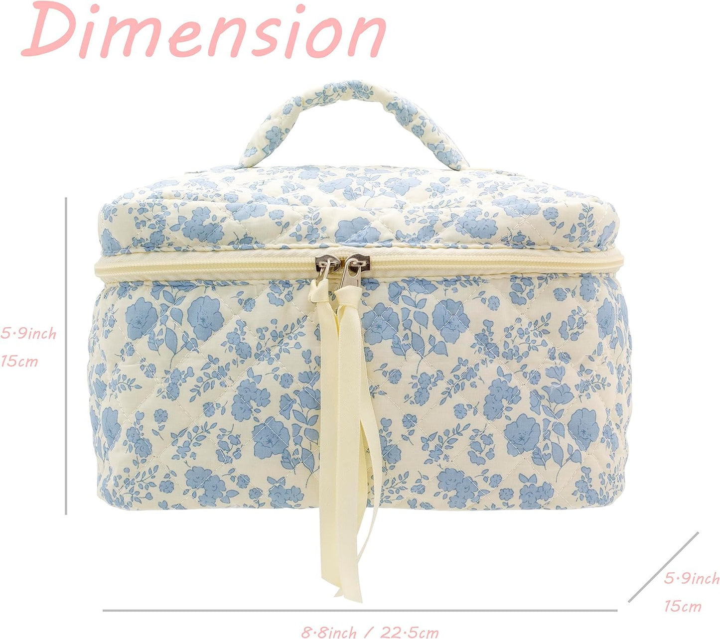 PAZIMIIK Cotton Makeup Bag for Women Large Quilted Travel Cosmetic Case Girls' Make Up Organizer,Little Flower Blue