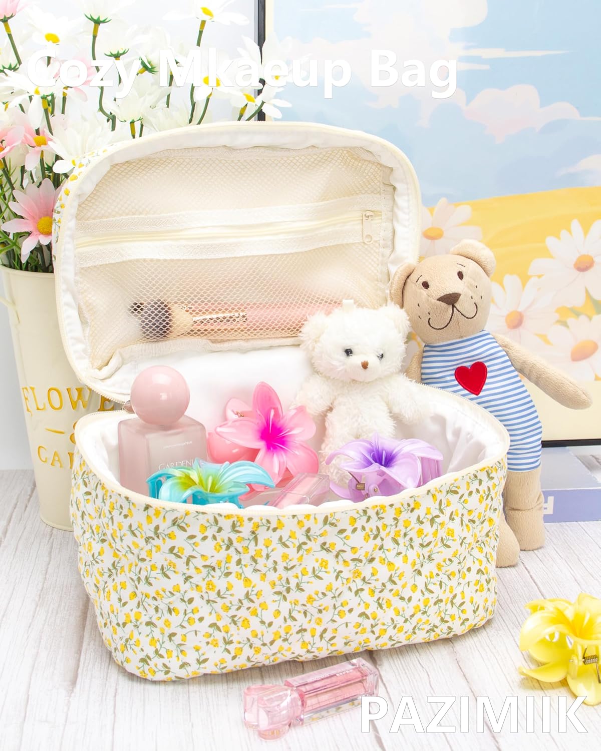 PAZIMIIK 3PCS Makeup Bag SET Large Travel Quilted Zipper Soft Cosmetic Case Pouch for Women Girls Make Up,Floral Yellow