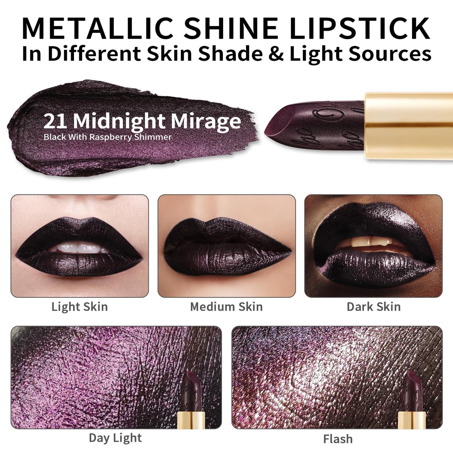 Oulac Metallic Black Lipstick for Women, High-Impact Lipcolor with Moisturizing Creamy Formula, Vegan & Cruelty-Free, Full-Coverage Matte Lipstick, Midnight Mirage (21)