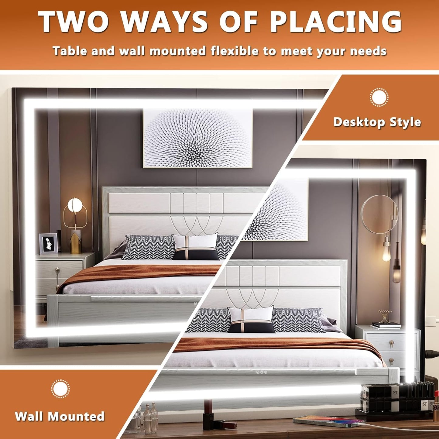 Hasipu Vanity Mirror with Lights, 23" x 18" LED Makeup Mirror, Lighted Makeup Mirror with Dimmable 3 Modes, Touch Screen Control Vanity Mirror Square White