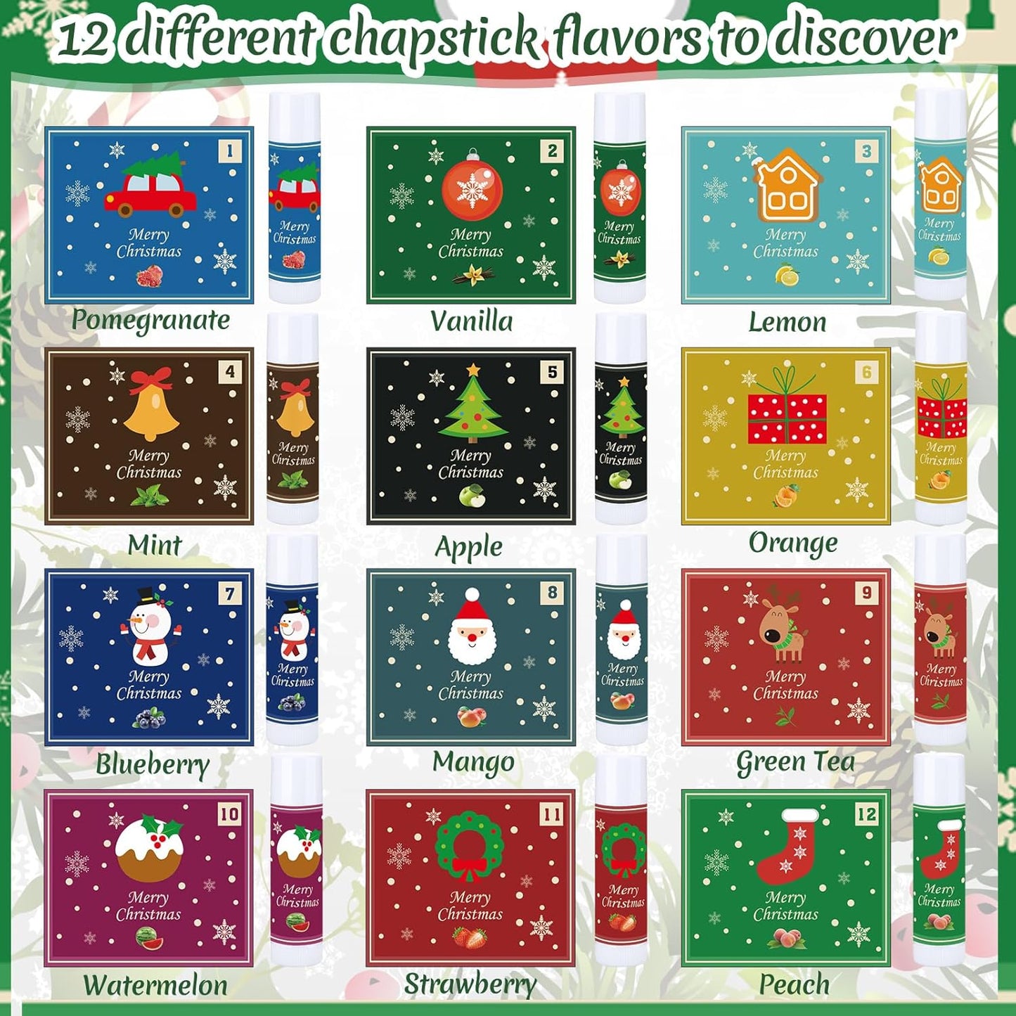 48 Pcs Christmas 12 Days Holiday Lip Balm Gift Set Lip Care Assorted Flavors Ingredients Lip Balm for Dry Chapped Lip Women Men Children Coworker 12 Assorted Flavors Christmas Party