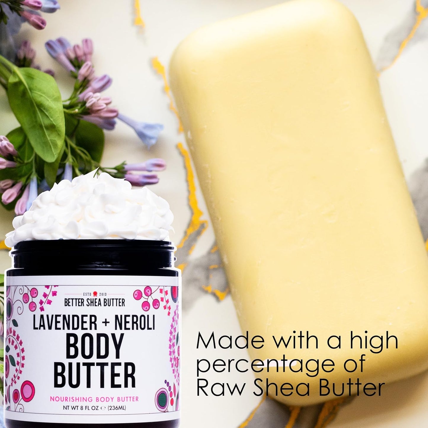 Body Butter for Women LAVENDER NEROLI | Whipped Body Moisturizer with Raw Shea Butter for Dry Skin, Paraben Free, Non-Greasy, No Synthetic Fragrances | 8 oz