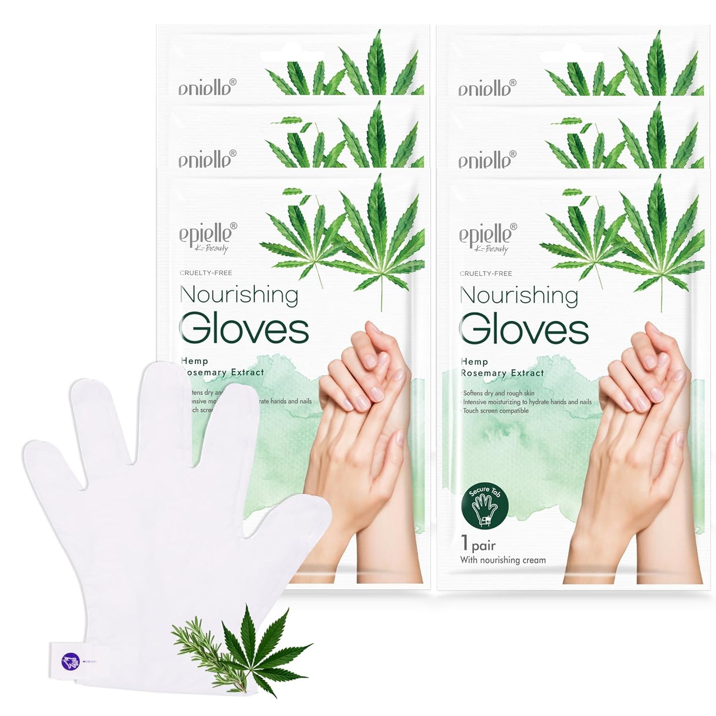 Epielle Nourishing Hand Masks 6 Pairs, Deep Moisturizing Gloves for Dry, Cracked Hands, Repair and Nourish with Hemp & Rosemary Extract, Korean Skin Care, Spa Set, Self Care Gifts for Women