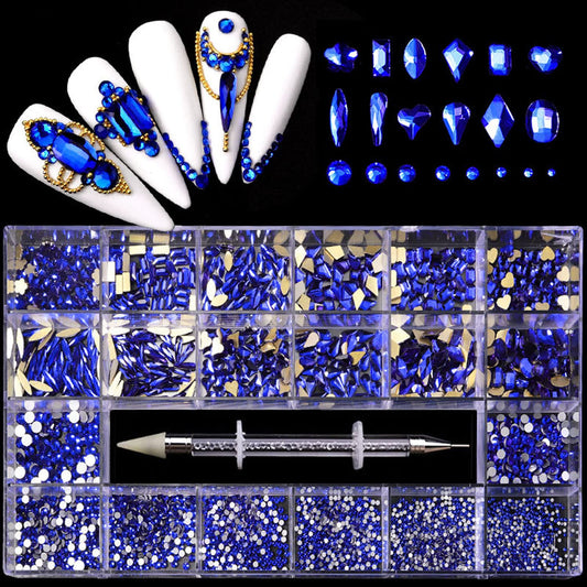 Nail Rhinestones Kit, Nail Art Decorations Flat AB Rhinestones Kit DIY Crafts Gemstones for Nail, Shoes, Clothes, Jewels (600 Blue Diamonds + 2500 Flat Rhinestone)