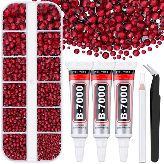 6000Pcs Resin Rhinestones for Bedazzling with 3Pcs B7000 Jewelry Glue, 1 Box Dark Red Flatback Rhinestones for Crafting Crafts DIY, Crystals Gems for Clothing Shoes Tumblers Nail Art Makeup