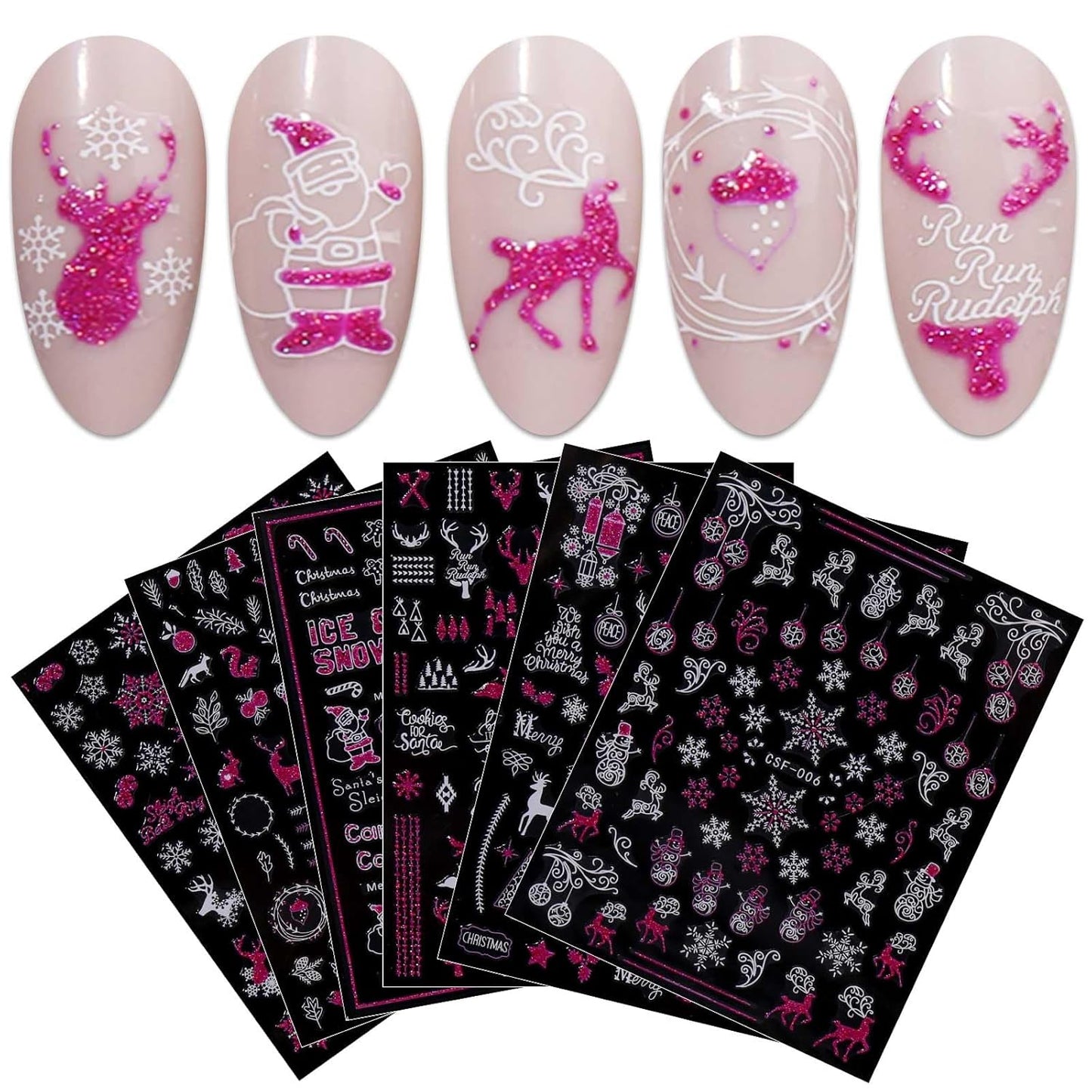JMEOWIO 9 Sheets Christmas Pink Glitter Nail Art Stickers Decals Self-Adhesive Snowflake Winter Holiday Nail Supplies Nail Art Design Decoration Accessories