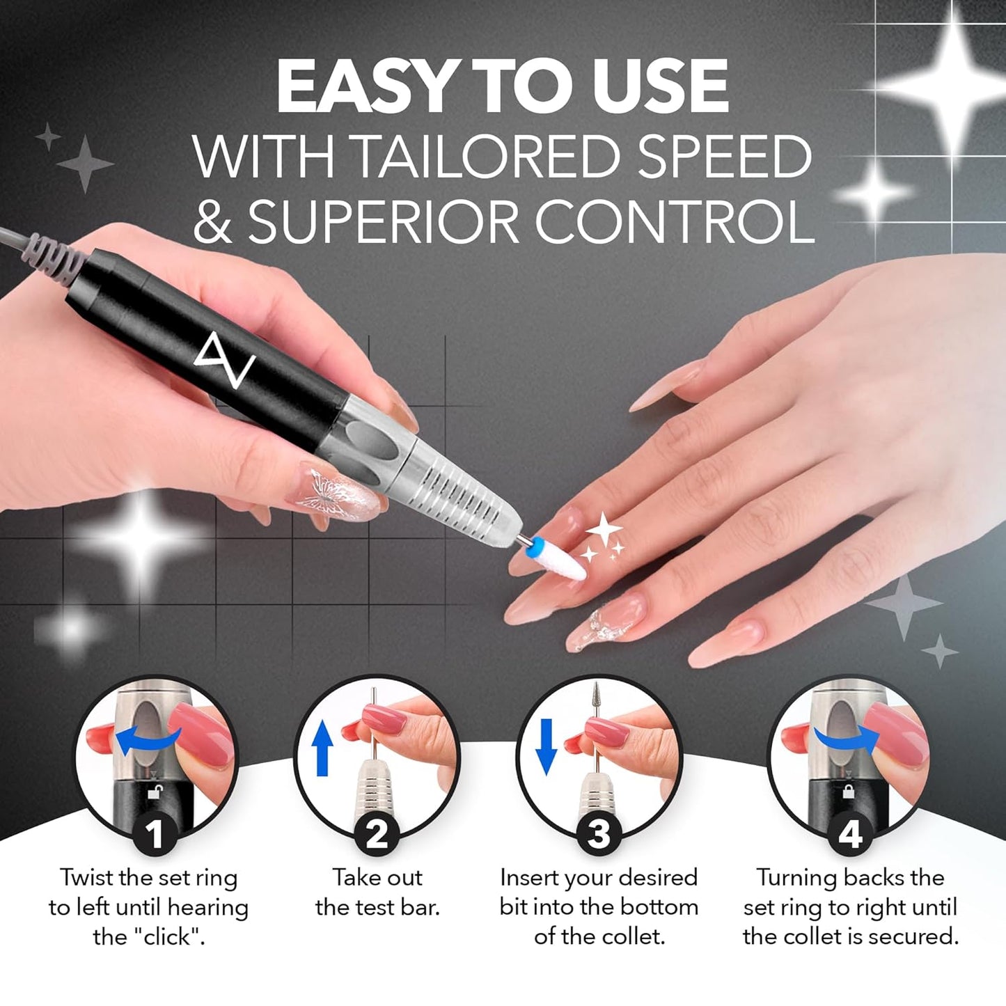 M Max - Professional Nail Drill Machine - 2-in-1 Brushless Motor Nail File - Electric, Cordless, Aluminium Alloy Casing, 35000 RPM, HD Display - Perfect for Salon & Home Use (Black)
