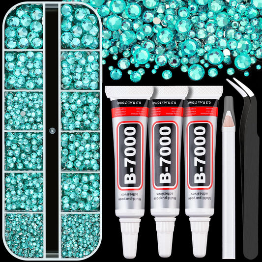 Resin Rhinestones for Crafting with B7000 Jewelry Glue, 1 Box Aquamarine Flatback Crystals with 3Pcs 10ml Glue for Bedazzling Crafts DIY Nail Art Makeup，Non Hotfix Gems for Clothing Shoes