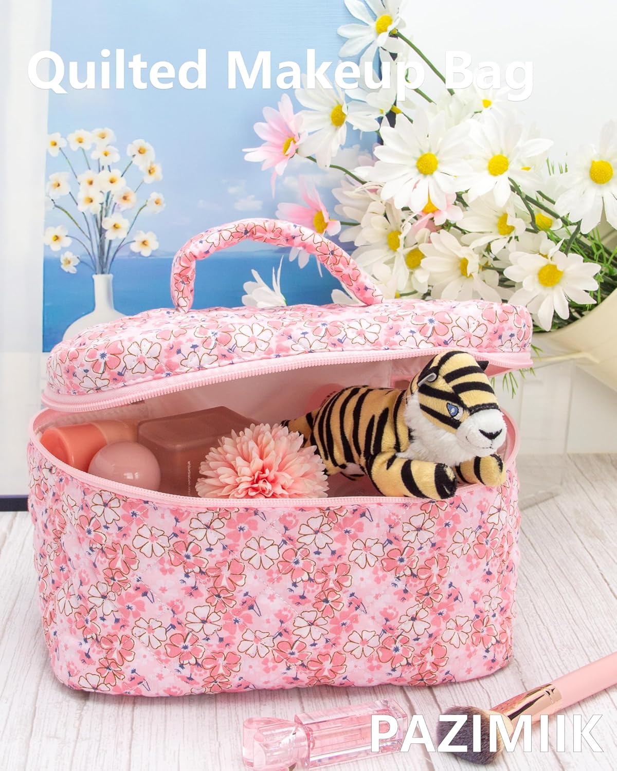 PAZIMIIK Quilted Makeup Bag Large Travel Zipper Soft Cosmetic Case for Women Girls Make Up,Pink Flower