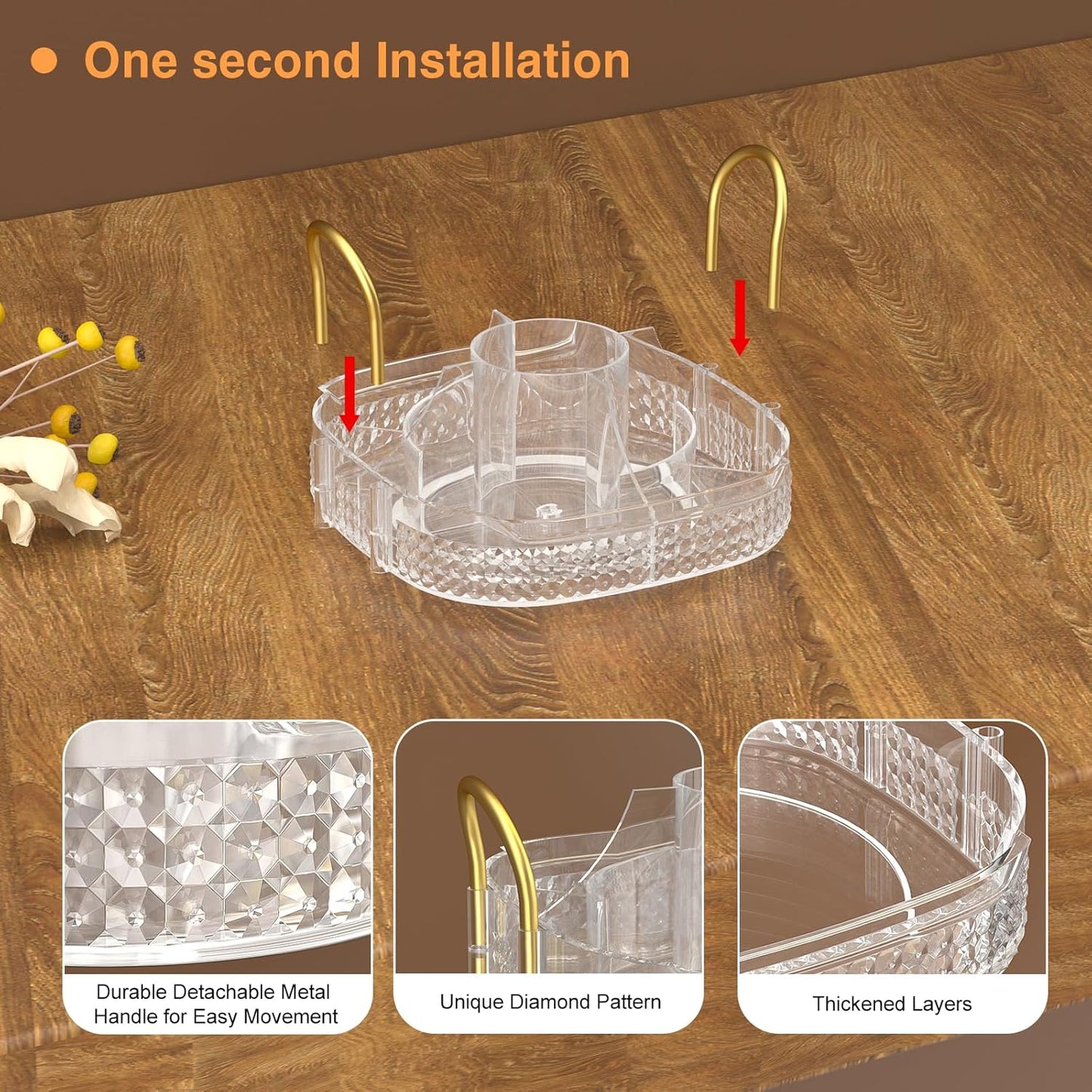 Awenia Rotating Makeup Organizer 360, Stackable Adjustable Large Capacity Cosmetic Storage Unit,Dresser Bathroom Kitchen Countertop Organizer with Metal Handle, Plus Size (Clear, 1 Tier)