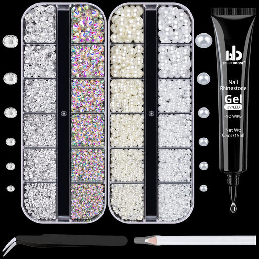 Nail Art Rhinestone Glue Gel&2 Boxes Flatback Gems Kit, 1 Tube of 15ml Rhinestone Gel Glue+Round AB&Clear Gems+Flat-Back Half Round White&Beige Pearls with Pickup Tools