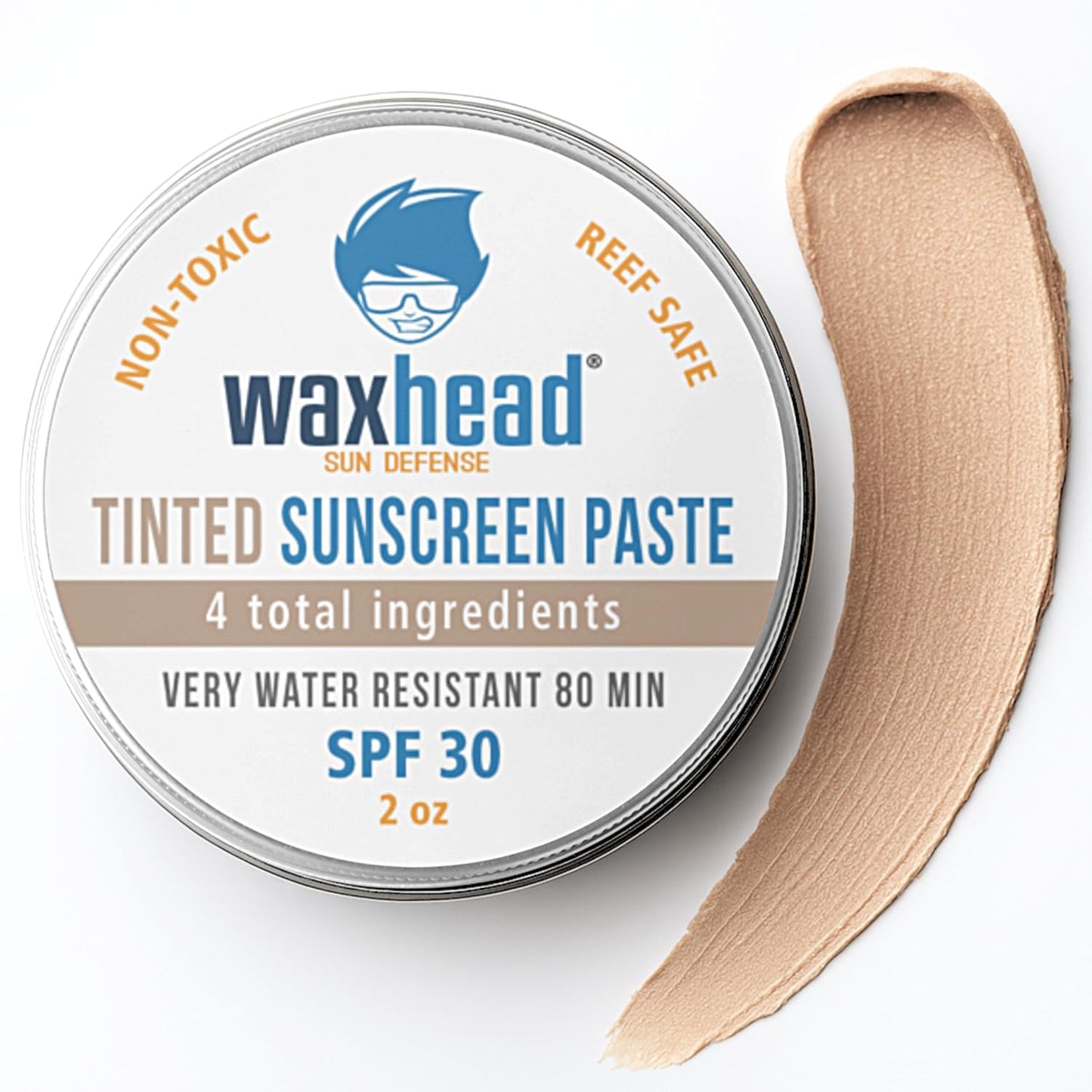 Waxhead Tinted Zinc Oxide Sunscreen Face, SPF 30 Reef Safe Non-Toxic Sunscreen Surf Zinc Sunblock, Travel Waterproof for Swimming, Lifeguard, Sports, Organic Sun Block Colored Face Scar (Tint 2oz Tin)