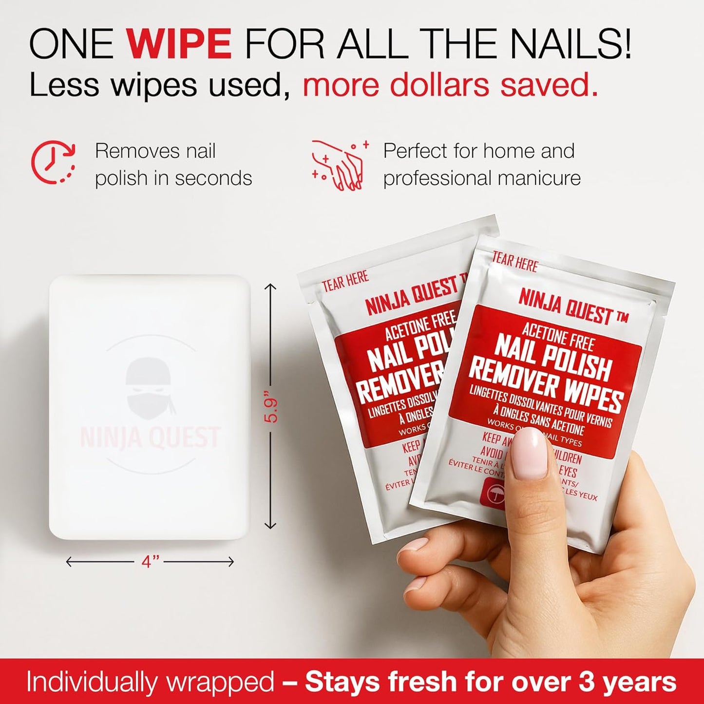 Nail Polish Remover Pads - 100% Non-Acetone - 50 Pack Bulk Set - Individually Wrapped - Quick Nail Polish Remover Wipes - Fingernail Travel Kit to Clear Nail Polish for Home & Professional Removal