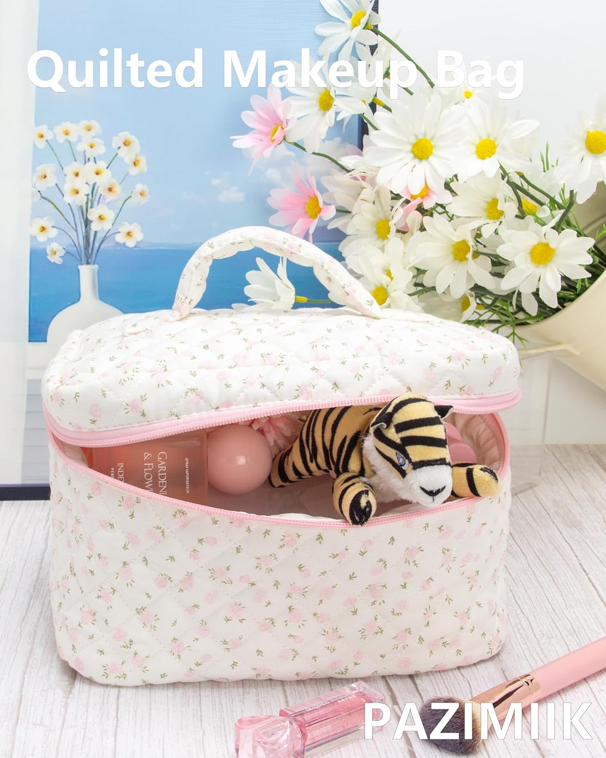 Quilted Makeup Bag Large Travel Zipper Soft Cosmetic Case for Women Girls Make Up,Little Flower Pink