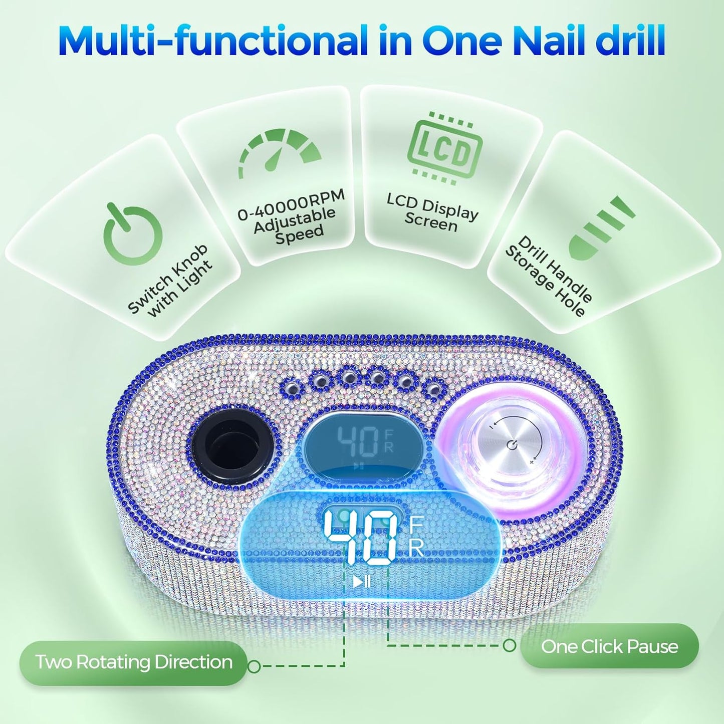 Nail Drill Electric File: DEDNMSCA Sparkly Professional Nail Drill Kit, 40000RPM E-file Machine with USB LED Light and 12 Drill Bits for Acrylic Nail Remove Gel Polish Manicure for Salon Home, Diamond