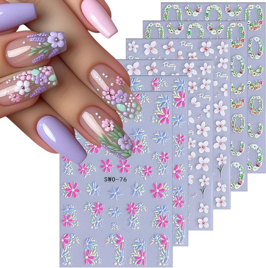 6 Sheets Flower Nail Art Stickers Rose Daisy Nails Art Decals 3D Self-Adhesive Nails Sticker Holographic Stereo Blossom Decal Decoration for Women Wreath Manicure Stickers DIY Nail Supplies