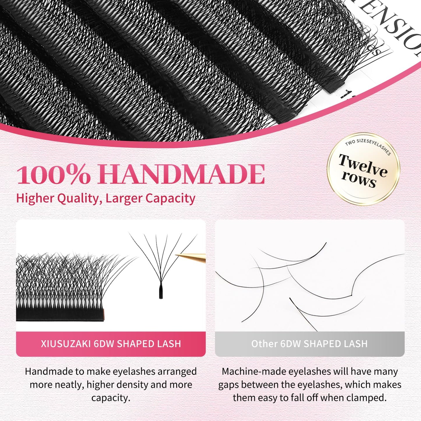 W Lash Extensions Supplies 6D Eyelash Extensions W Shape 0.07mm Thickness D Curl 13mm Premade Fans Easy Fan Lashes Volume Matte Black 12 Rows Crisscross Eye Lashes(W-6D-0.07-D,13mm)