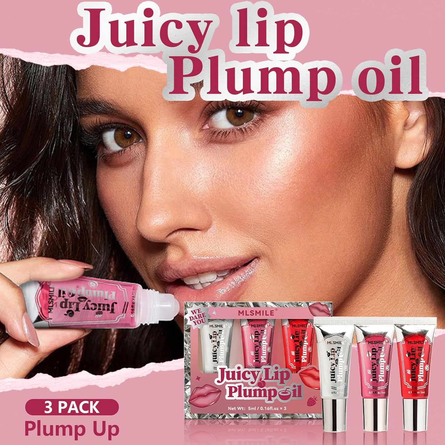 3Pcs Lip Plumper Gloss Set, Roll On Plumping Lip Oil Hydrating Glossy Lipstick Lip Care Serum Enhancer Nourishing Non-sticky High-Shine Lip Glass Mirror Glaze for Fuller Lips Mask Makeup-A