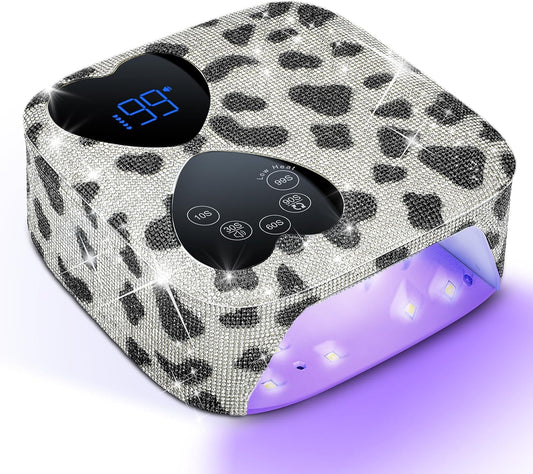 UV LED Nail Lamp Cordless, HUITINE 80W Rechargeable UV Light for Gel Nails with 5 Timers & Mirror Base, Professional Gel Light Dryer, Sparkling Rhinestones Curing Lamp for Salon & Home (Cow Diamond)