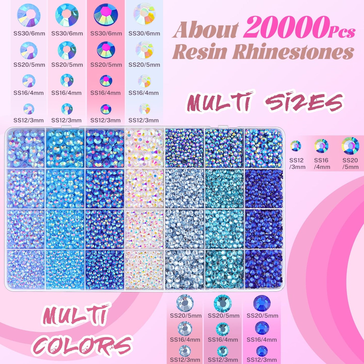 20000Pcs Blue Rhinestones for Bedazzling with 1Pcs B7000 Jewelry Glue, Resin Rhinestones for Crafting Crafts DIY, Bedazzler Kit Gems for Clothing Shoes Tumblers Nail Art Assorted Size 3/4/5/6mm