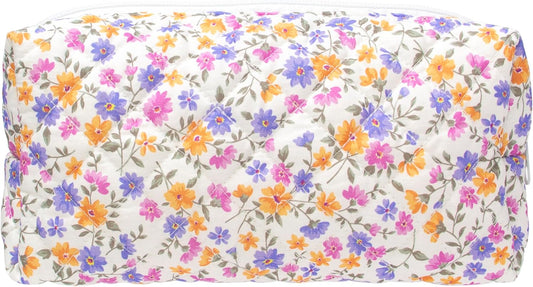 PAZIMIIK Vintage Quilted Makeup Bag Cosmetic Pouch for Brushes Pencils and Travel Make Up Accessories for Women and Girls,Little flower
