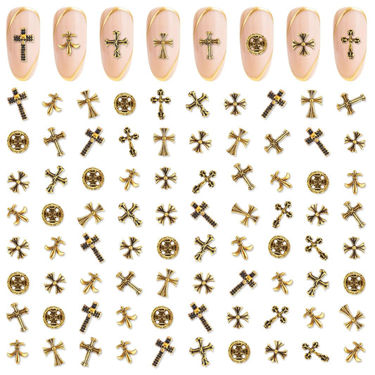 Artdone Nail Art Studs Kit, 3D Gold Cross Nail Charms and Star Gems Bulk Nail Jewels Shiny Crosses for DIY Professional Manicures Decoration