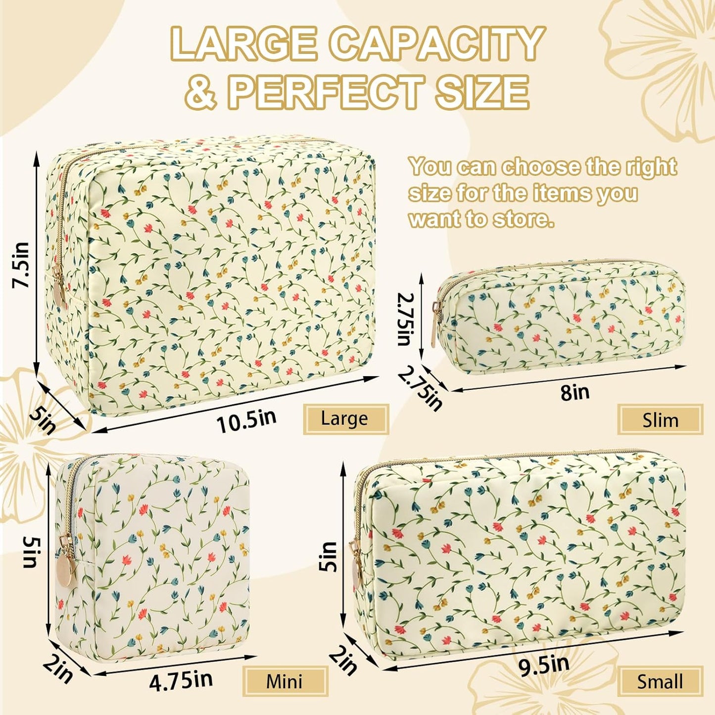 Waterproof Small Floral Pencil Case Makeup Bag for Purse,Cute Flower Pencil Pouch Preppy Nylon Makeup Brush Holder with Zipper,Girls Portable Storage Case Pen Bag for Work(Slim Light Yellow-Flowers)