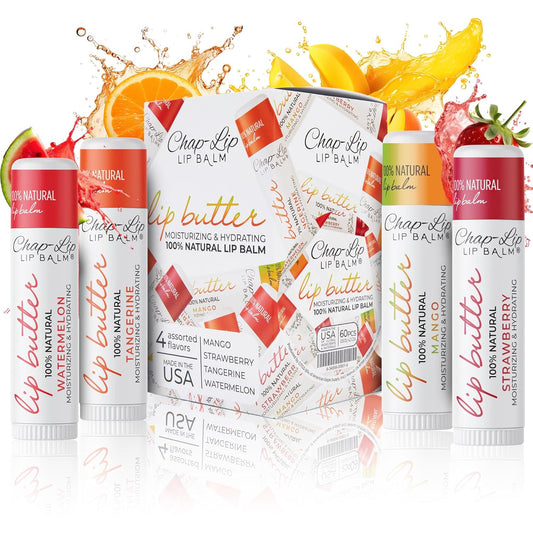CHAP-LIP 100% All Natural Lip Balm Hydrating Bulk Chap Stick with Fruit Flavors, Coconut Oil, Cocoa Butter - Christmas Gift Stocking Stuffers Lip Therapy Pack for Men and Women - Made in USA, 60 Pack