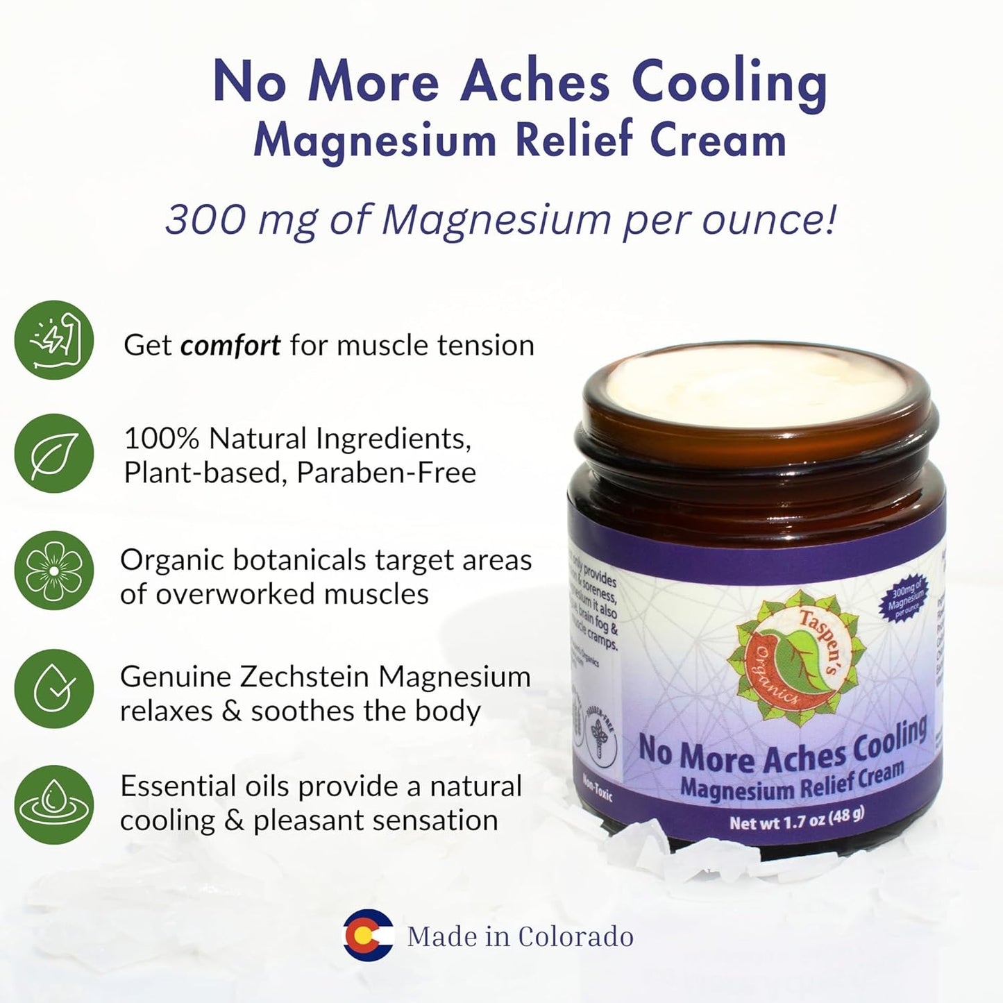 Taspen's Organics Magnesium No More Aches Cooling Cream - Muscle Relief- Sore Muscles & Post-Workout Recovery - Natural Comfort for Tension & Cramps - Made in USA (1.7 oz)