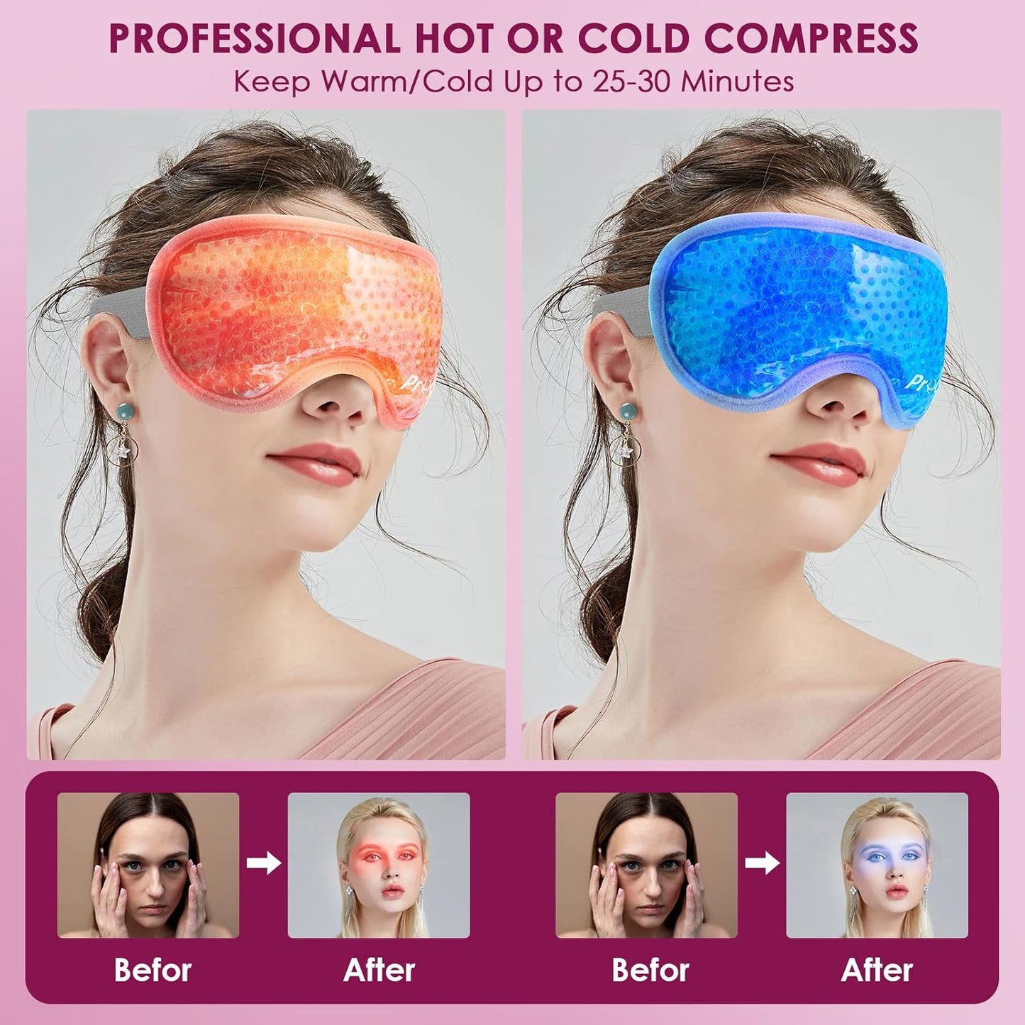 2PCS Cooling Eye Mask - Gel Eye Mask Reusable Gel Beads Hot Cold Compress with Velvet Plush Cold Eye Mask for Dark Circles Puffiness Dry Eye Headache for Men Women Sleeping Ice Eye Mask (Rose Red)