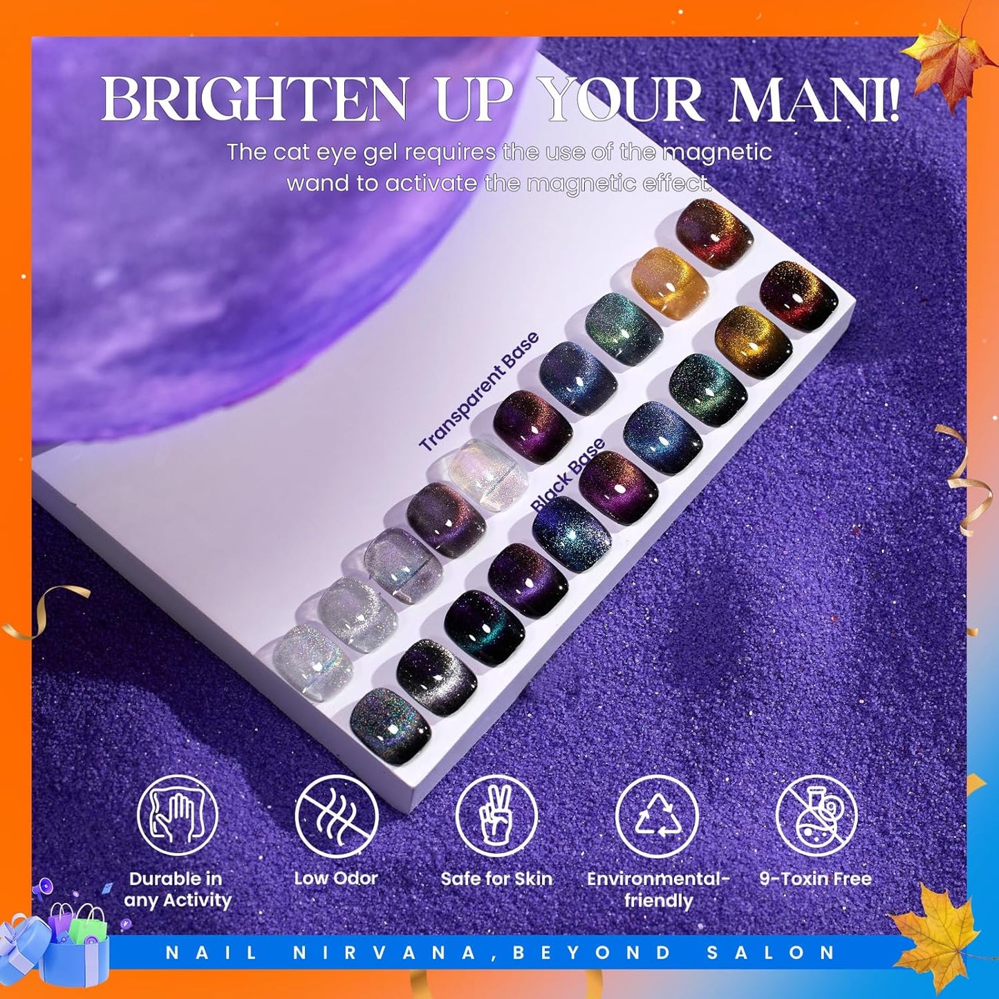 Beetles Cat Eye Gel Nail Polish 39 Pcs Jelly Nail Set Glitter Changing Nail Polish Kit Treasure Box Collection with 3Pcs Base Matte and Glossy Top Soak Off UV Halloween Nails