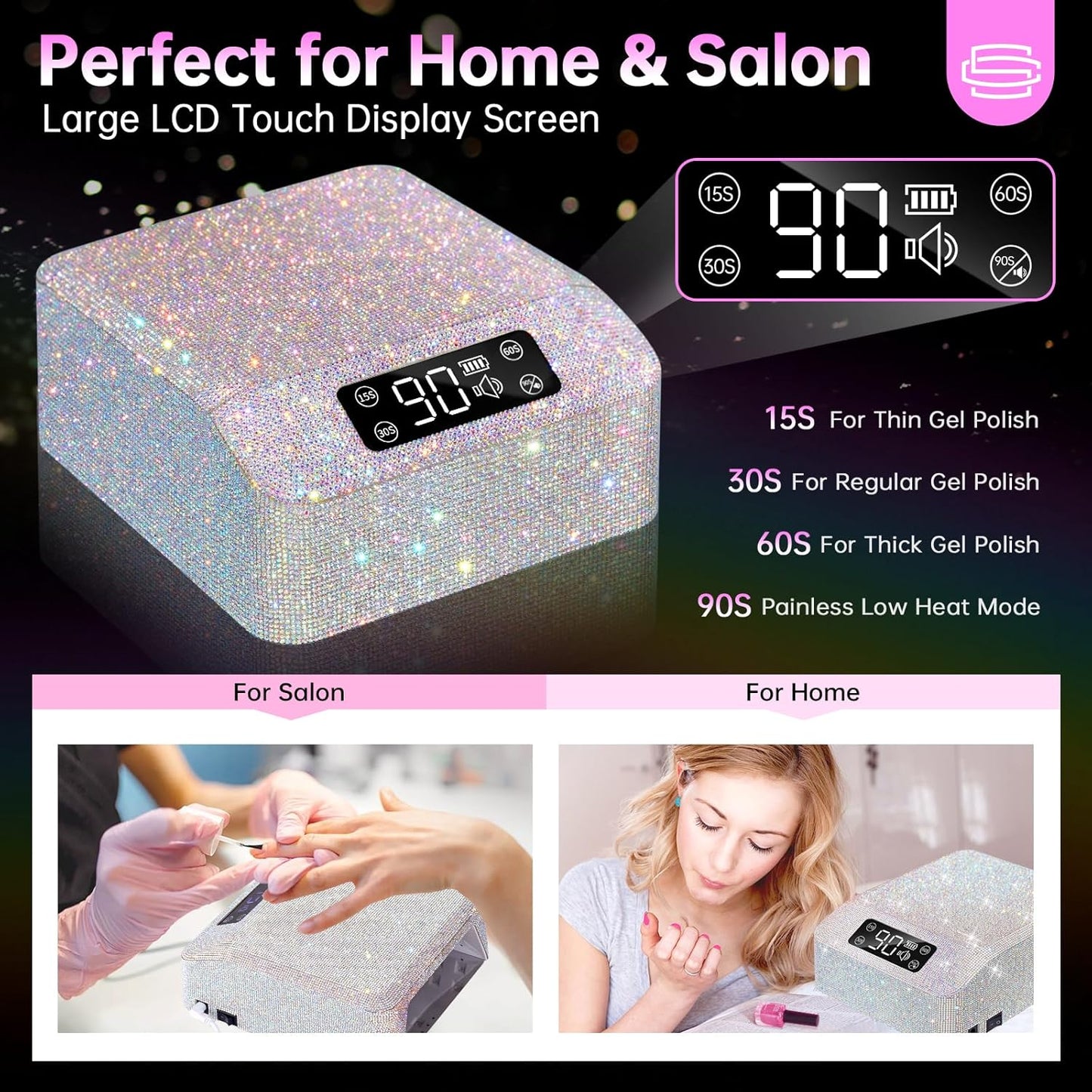 UV LED Nail Lamp 96W Plug-in Nail Dryer Sparkly Gel Polish Light 4 Timer Setting Professional Quick Dry Curing Lamp with Display Auto Sensor for Salon & Home