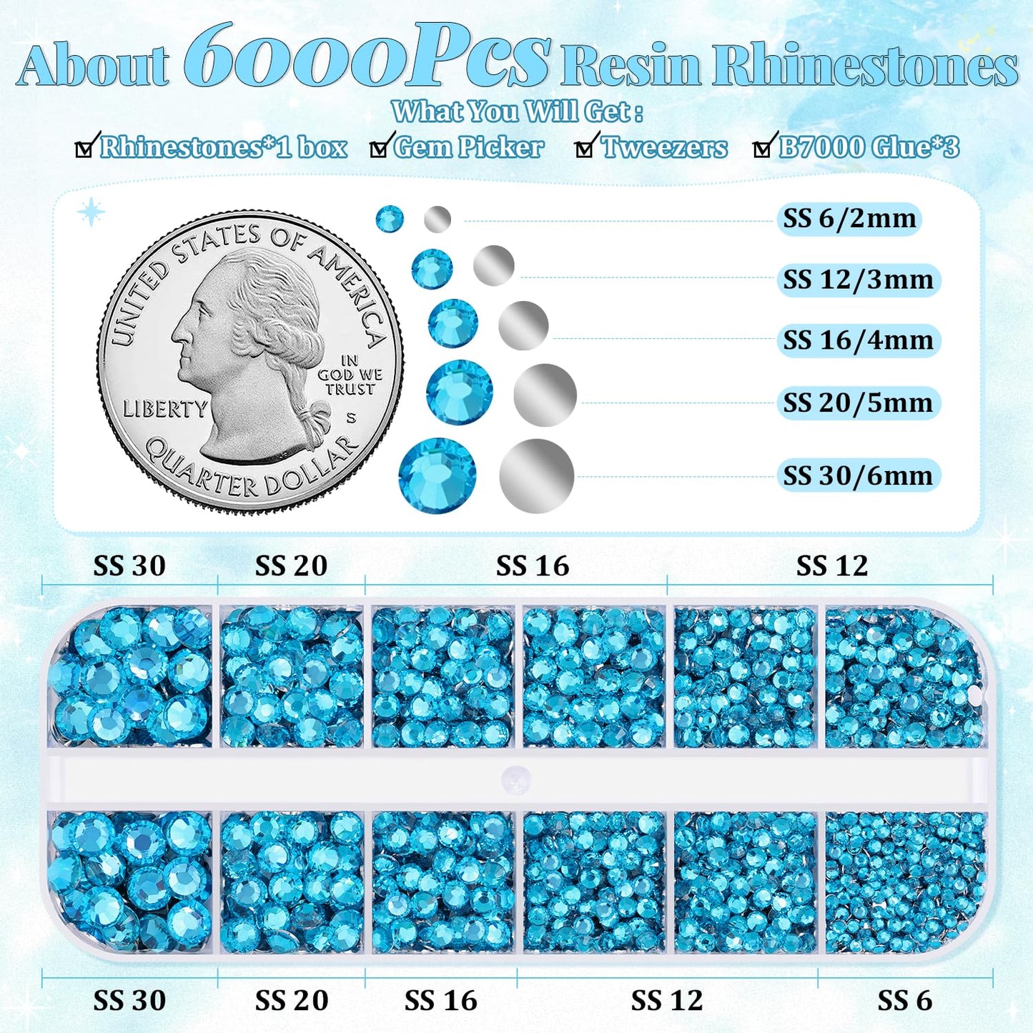 6000Pcs Resin Rhinestones for Bedazzling with 3Pcs B7000 Jewelry Glue, 1 Box Indicolite Flatback Rhinestones for Crafting Crafts DIY, Crystals Gems for Clothing Shoes Tumblers Nail Art Makeup