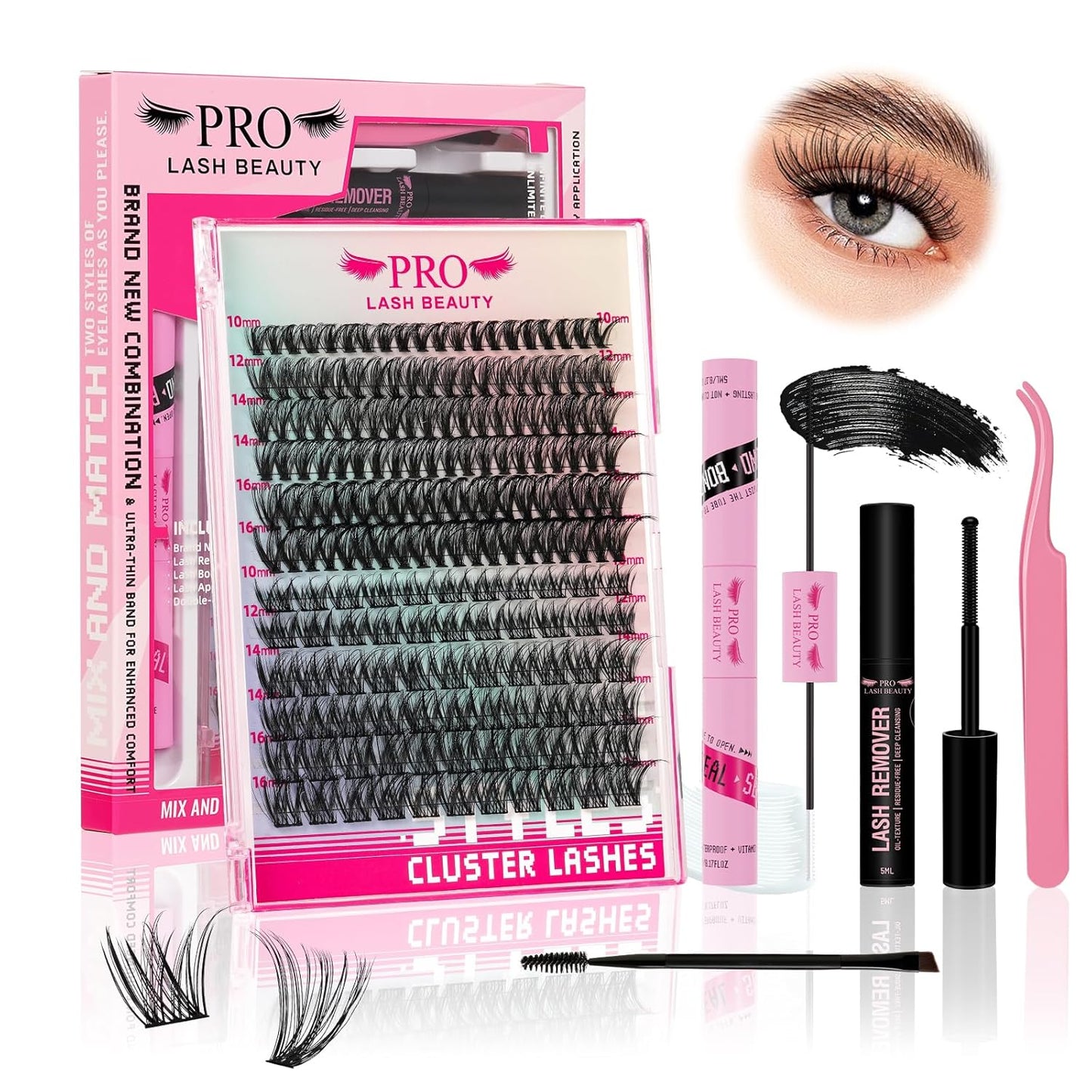 186Pcs Lash Extension Kit 2 Styles Individual Eyelash Extension Lash Clusters with Lash Bond and Seal Lash Remover Lash Applicator Individual Lashes Kit Eyelash Brush (40D+Glisten-10-16mix Kit)