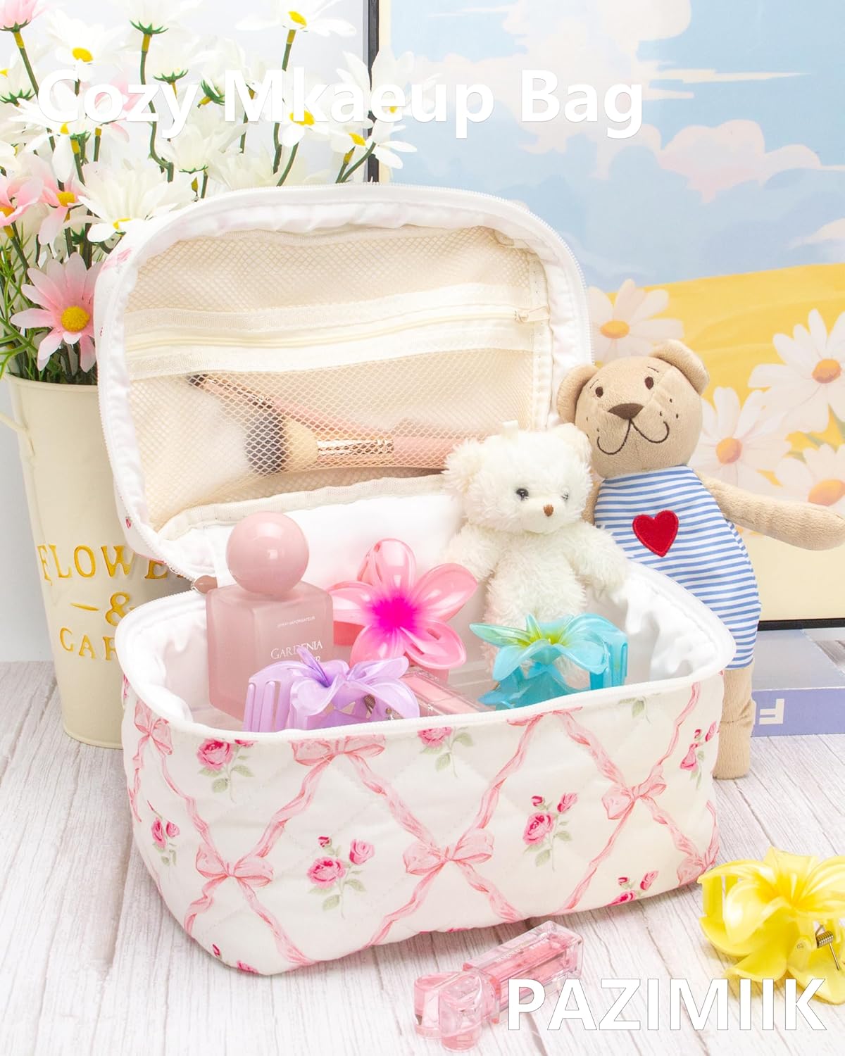 PAZIMIIK Quilted Makeup Bag Large Travel Zipper Soft Cosmetic Case for Women Girls Make Up,Bow Rose