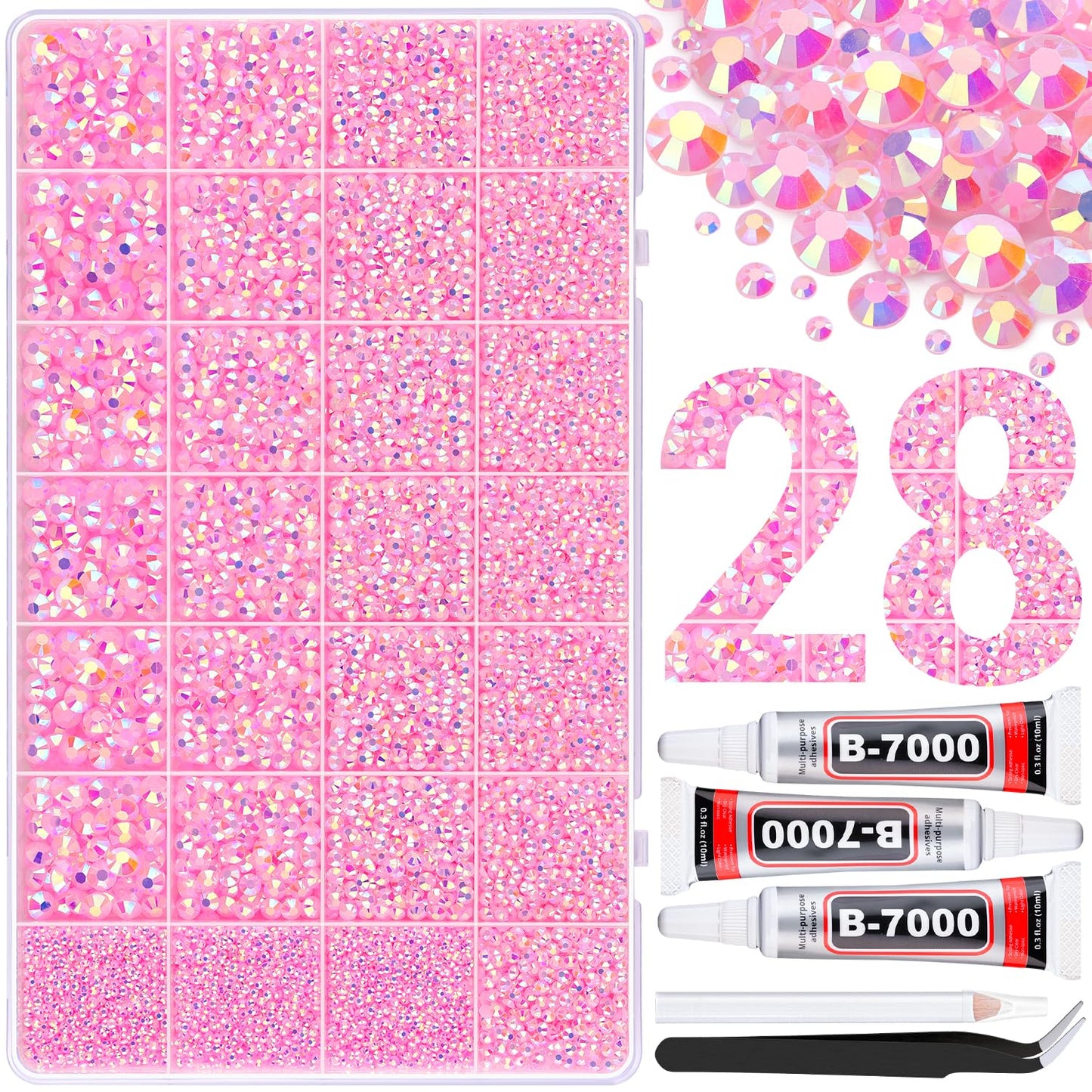 30000Pcs Resin Rhinestones for Bedazzling with 3Pcs B7000 Jewelry Glue, Light Pink AB Flatback Gems Rhinestones for Crafting, Clothing Tumblers Mugs Shoes Fabric Decor Nail Art