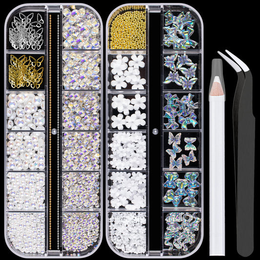 Mixed 3D Nail Art Gem Decoration Accessories Kit #8, Aurora Bear Bow Butterfly Starry AB Rhinestone Charm Jewelry for Deco, Pearl Flower Caviar Bead Stone Crystal with Pickup Pencil and Tweezer