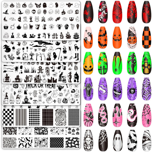 Whaline 6Pcs Halloween Nail Plates Stamping Set Pumpkin Ghost Bat Witch Stamp Templates Nail Art Plates for Trick or Treat Party DIY Print Manicure Salon Design