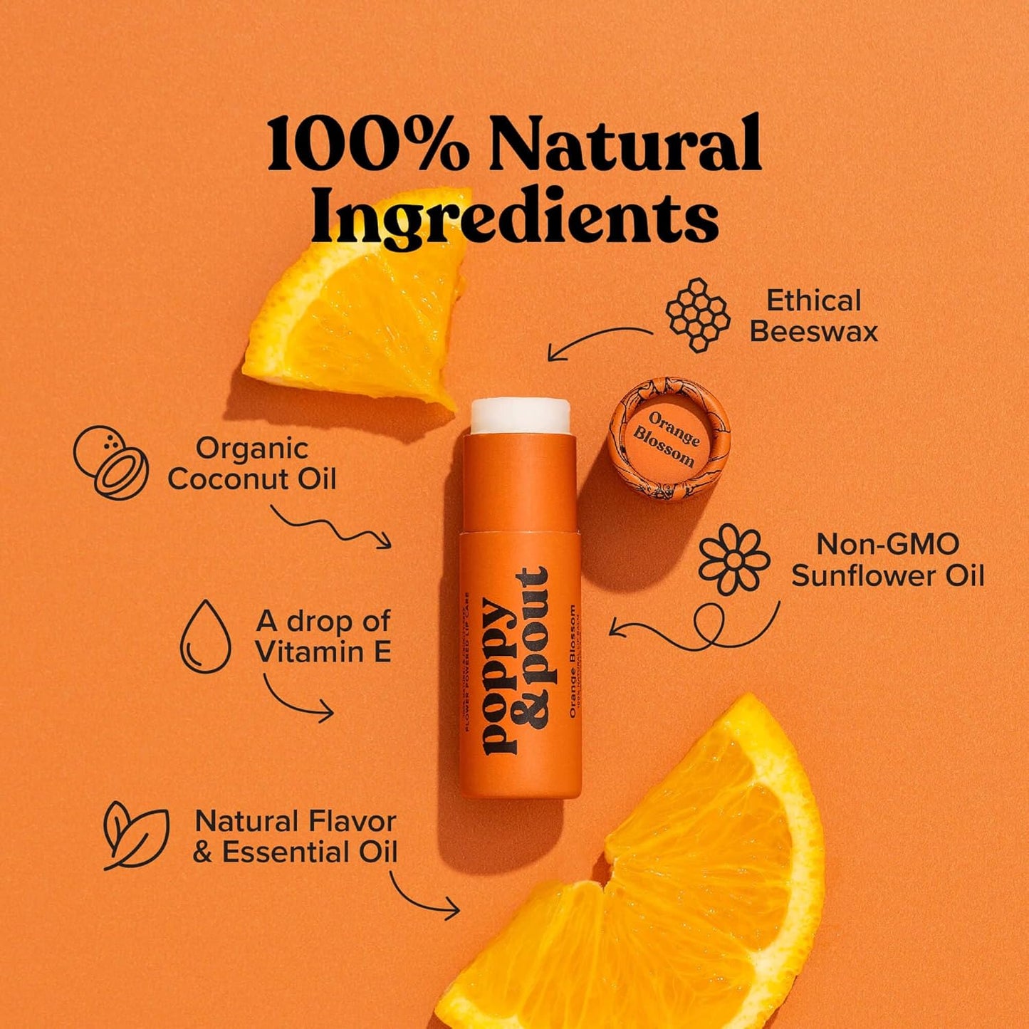 Poppy & Pout Orange Bloom Jumbo Lip Balm | All Natural Lip Balms & Moisturizers | Hydrates with Beeswax, Vitamin E, Organic Coconut Oil | Cruelty-Free | Lip Balm in Recyclable Cardboard Tube