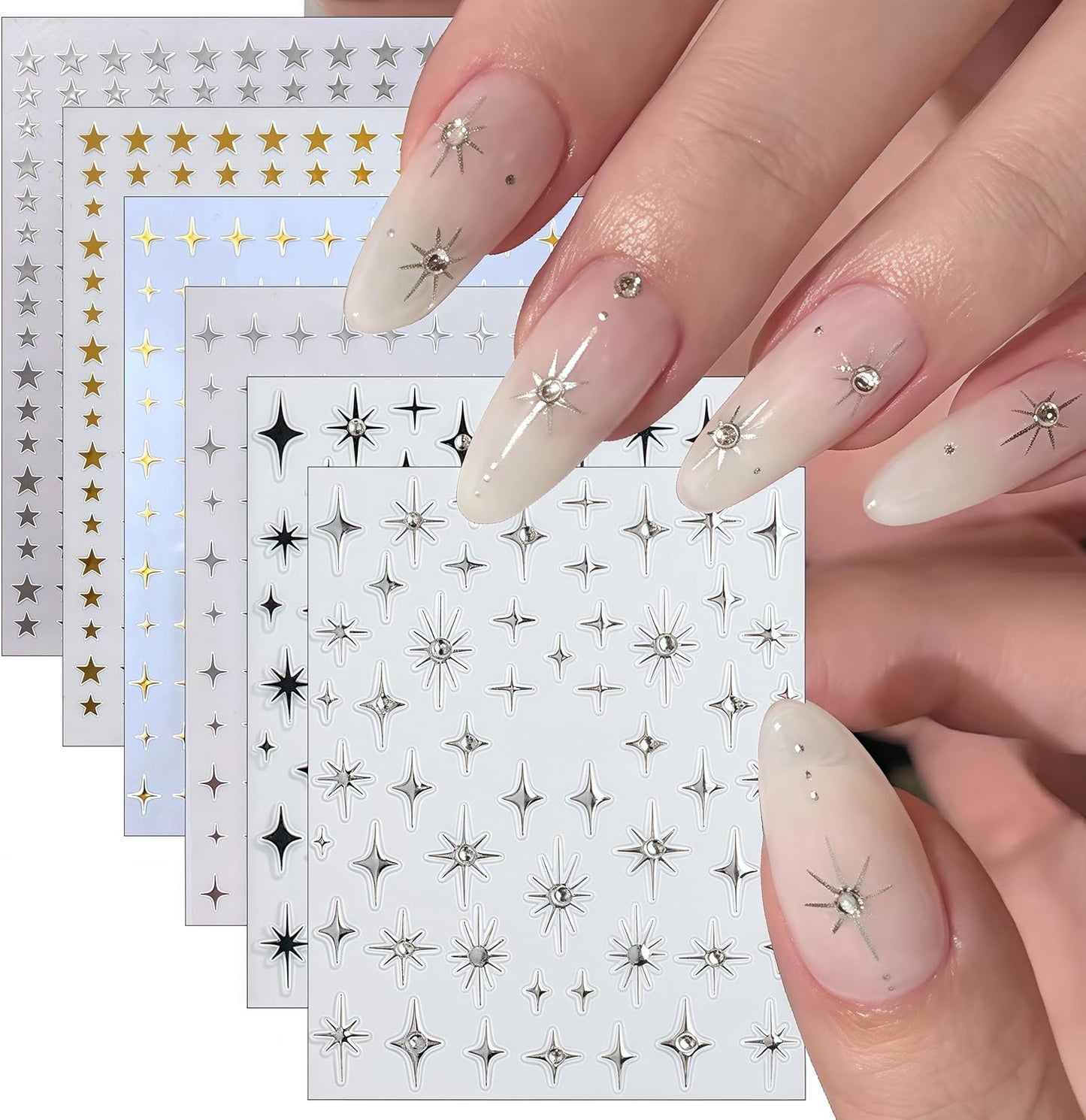 6Sheets Rhinestones Star Nail Art Stickers,3D Self-Adhesive Glitter Gold Silver White Black Stars Nail Art Design Decals Star Stickers for Acrylic Nails Art for Women Girls DIY Manicure Decorations