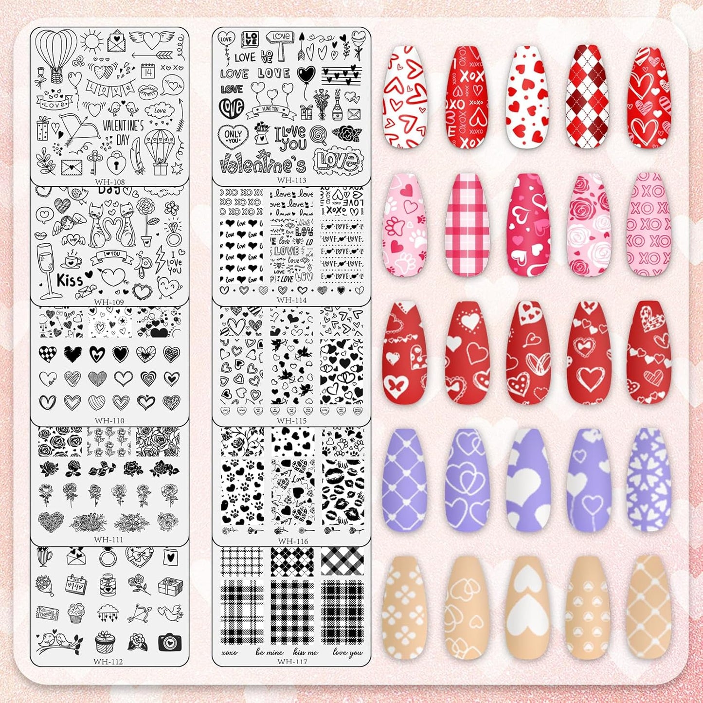 Whaline 10Pcs Valentine's Day Nail Art Stamping Plate Kit Romantic Love Heart Rose Design Nair Art Plate for Wedding Anniversary DIY Print Manicure Salon