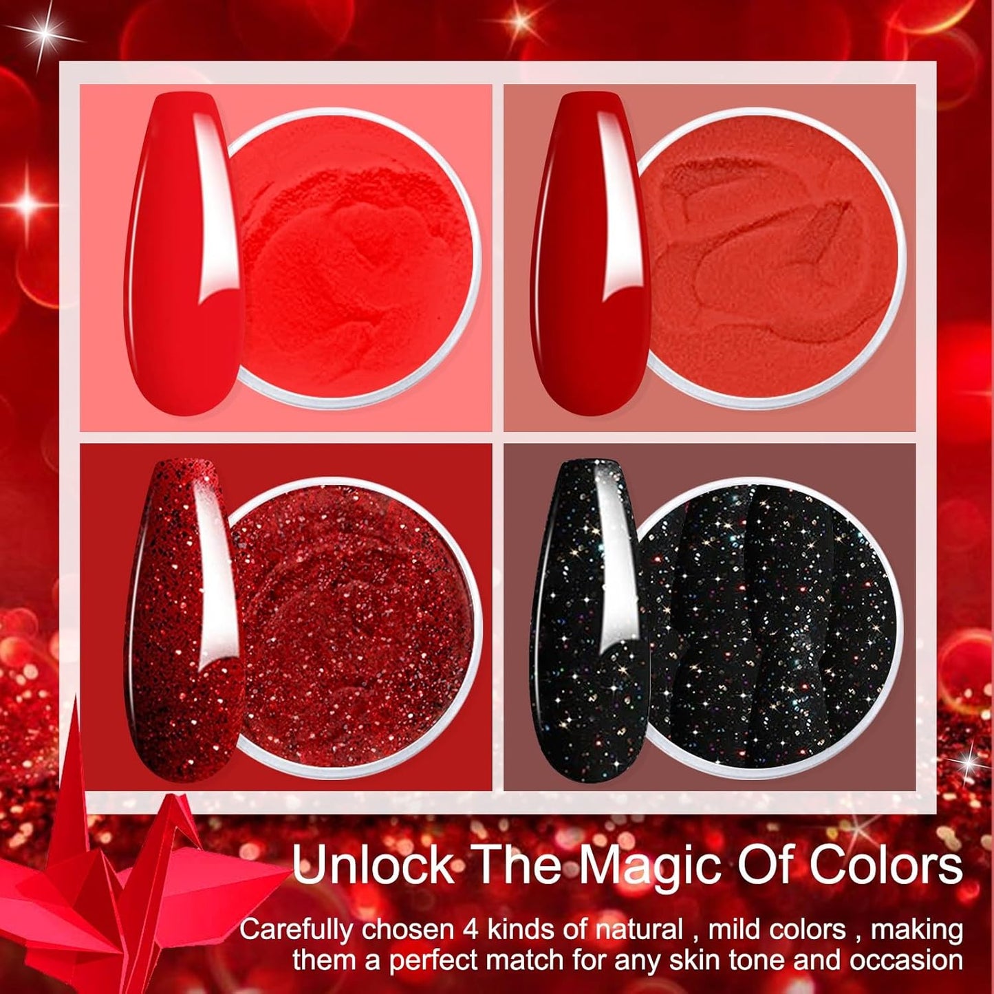 Honey Joy Dip Powder Nail Kit Starter,4 Colors Deep Red Glitter Holographic Black Dipping Powder Liquid Set with Base Top Coat for Nail Art Manicure Salon DIY No LED Nail Lamp Needed, Dip-7pcs-08