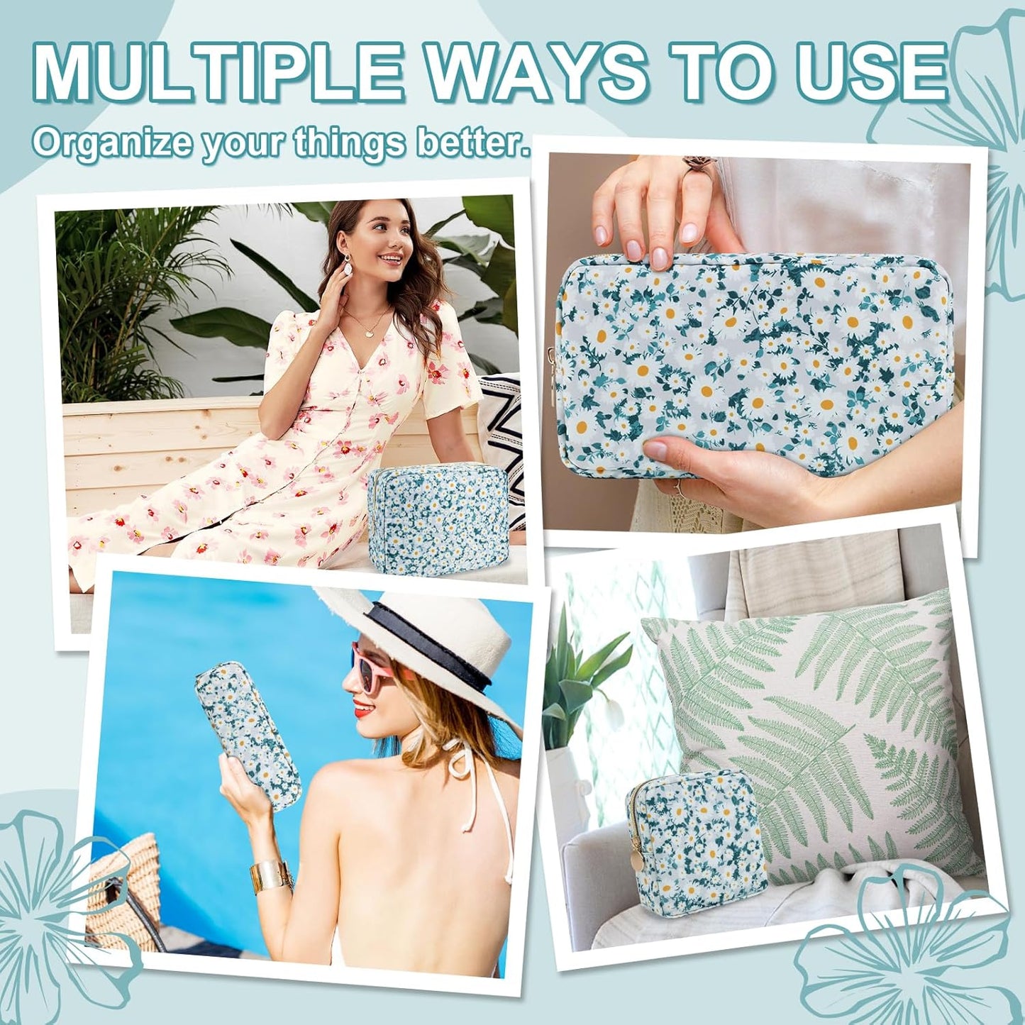 Waterproof Small Floral Makeup Bag Pouch for Purse,Nylon Flower Cosmetic Bag Preppy Travel Toiletry Storage Bag for Women Girl,Cute Makeup Organizer Bag Skincare Bag with Zipper(Small Green-Daisy)