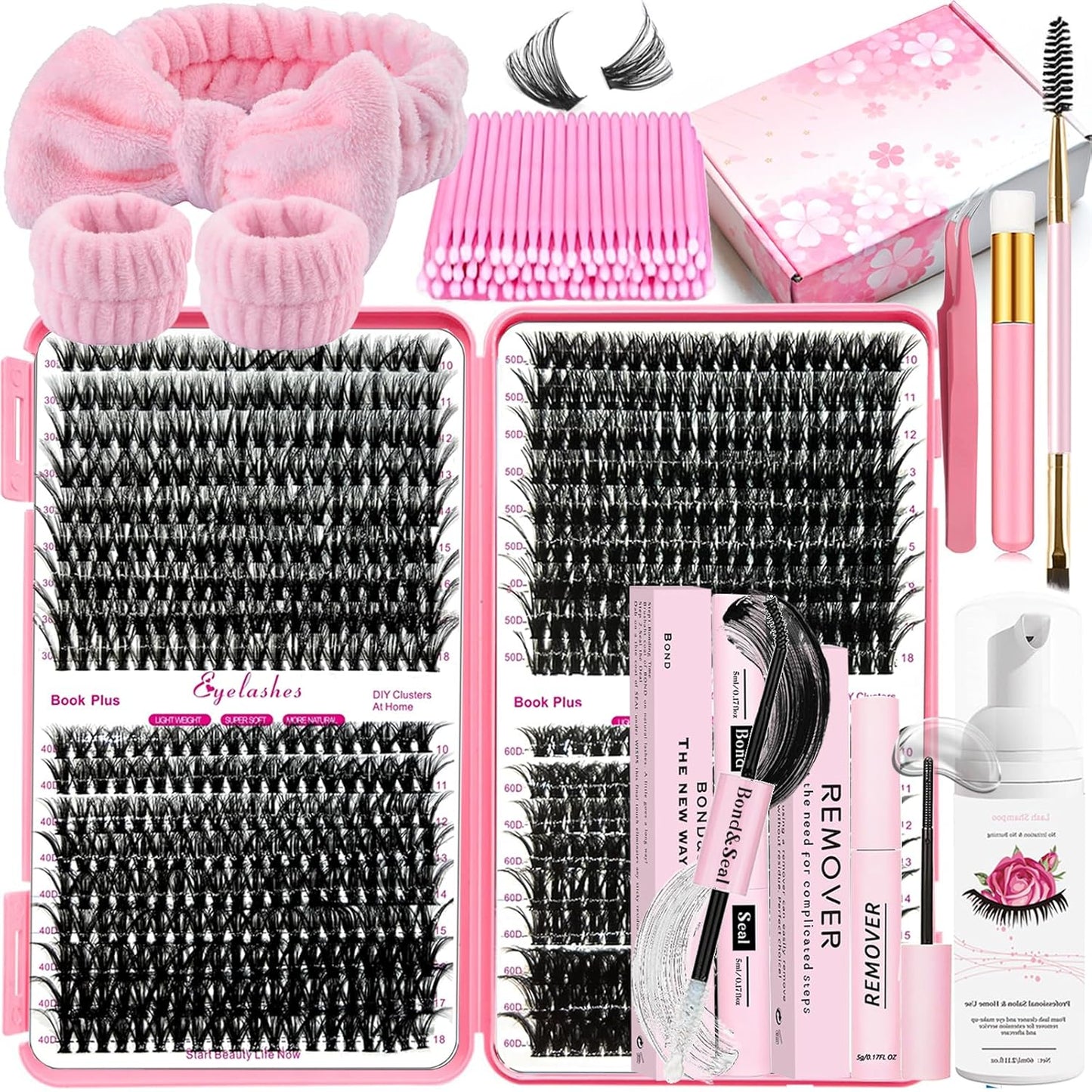 DIY Lash Extension Kit 720Pcs 10-18mm D Curl Lashes Clusters with Lash Bond and Seal Glue Remover Lash Shampoo Cleansing Brush Headband Wristband Tweezers Eyelash Brush Applicator