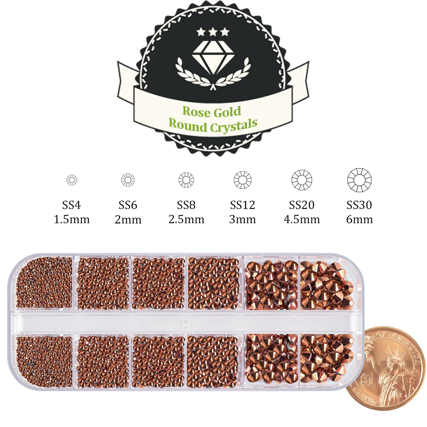 One Pack 2000 Pcs of Flatback Round Rose Gold Rhinestones 6 Sizes (1.5-6 mm) with Nail Art Rhinestone Picker Pencil and Tweezers for DIY and Salon Use